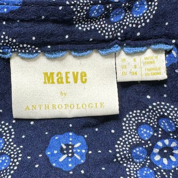 Maeve Anthropologie Top Womens 2 Blue Boswell Dark Floral V-Neck Peasant Boho - Picture 6 of 9